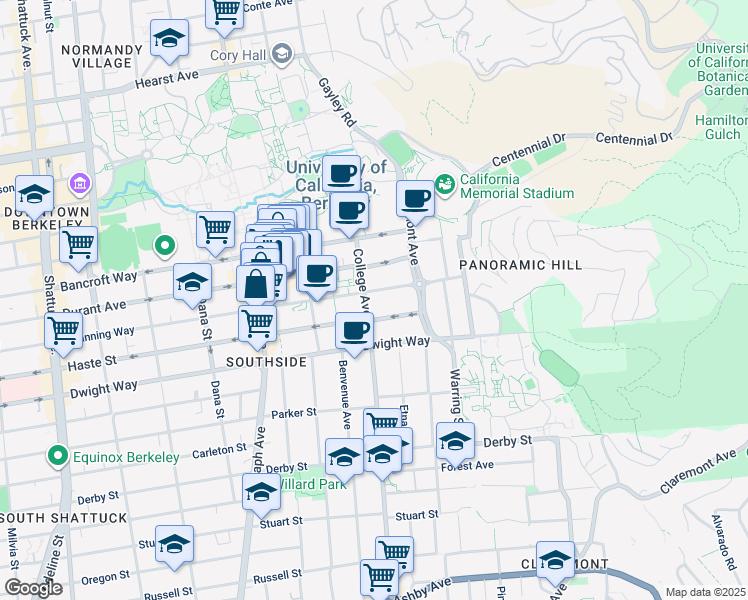 map of restaurants, bars, coffee shops, grocery stores, and more near 2690 Channing Way in Berkeley