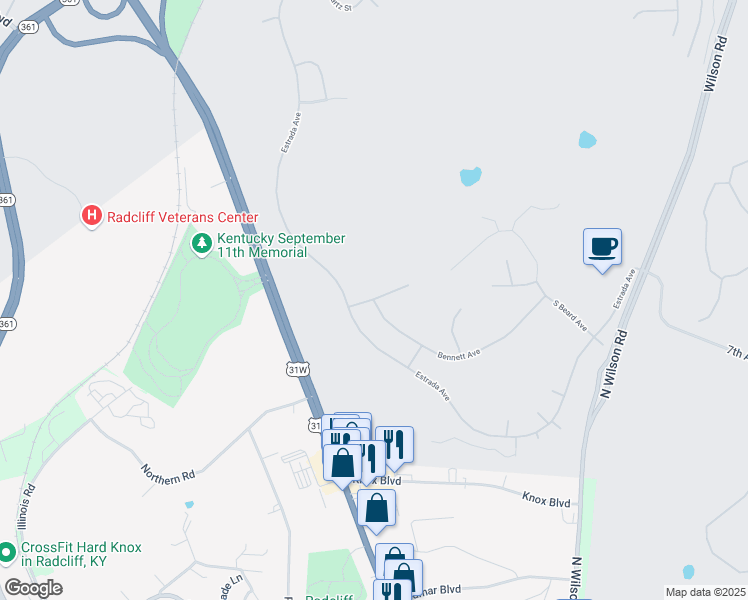 map of restaurants, bars, coffee shops, grocery stores, and more near 8104 Bennett Avenue in Fort Knox