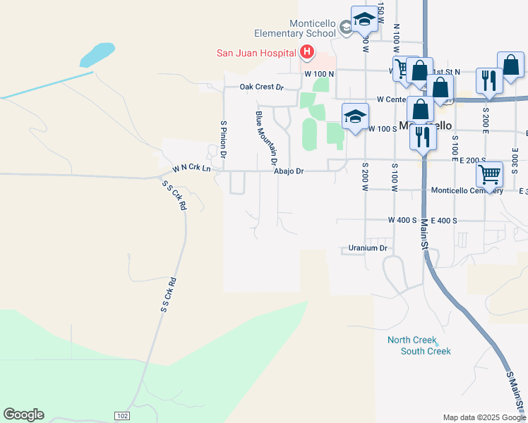 map of restaurants, bars, coffee shops, grocery stores, and more near 381 South Silverstone Loop in Monticello