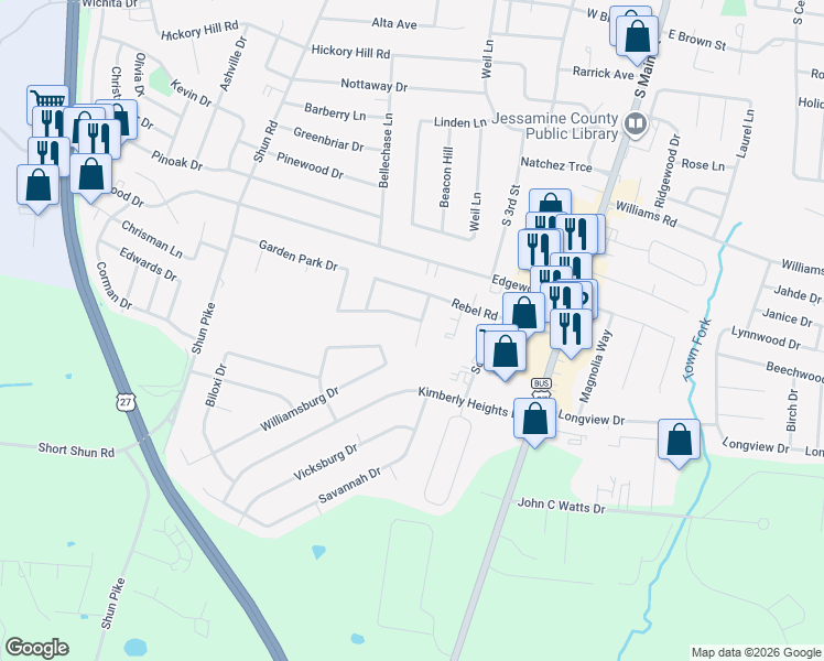 map of restaurants, bars, coffee shops, grocery stores, and more near 139 Forest Elliott in Nicholasville