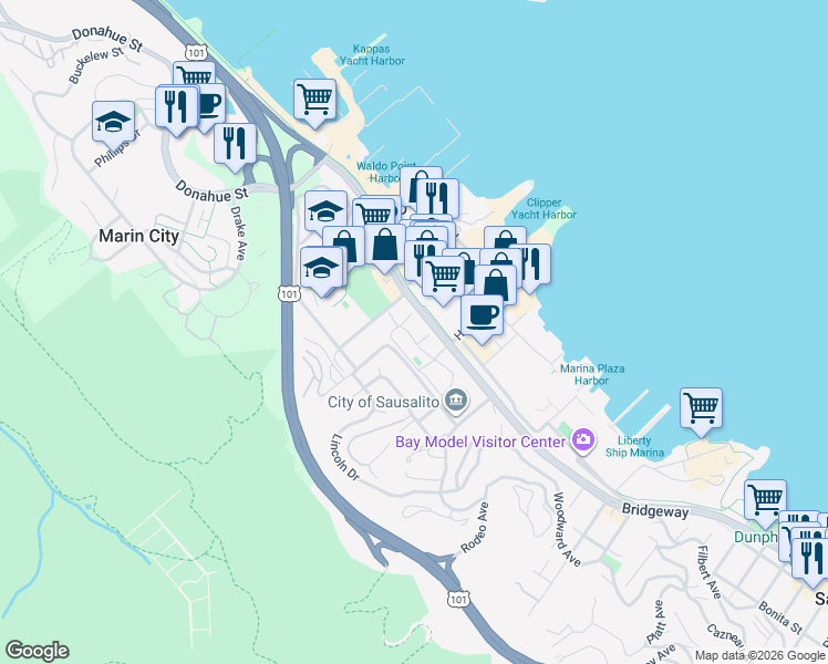 map of restaurants, bars, coffee shops, grocery stores, and more near 74 Cypress Place in Sausalito