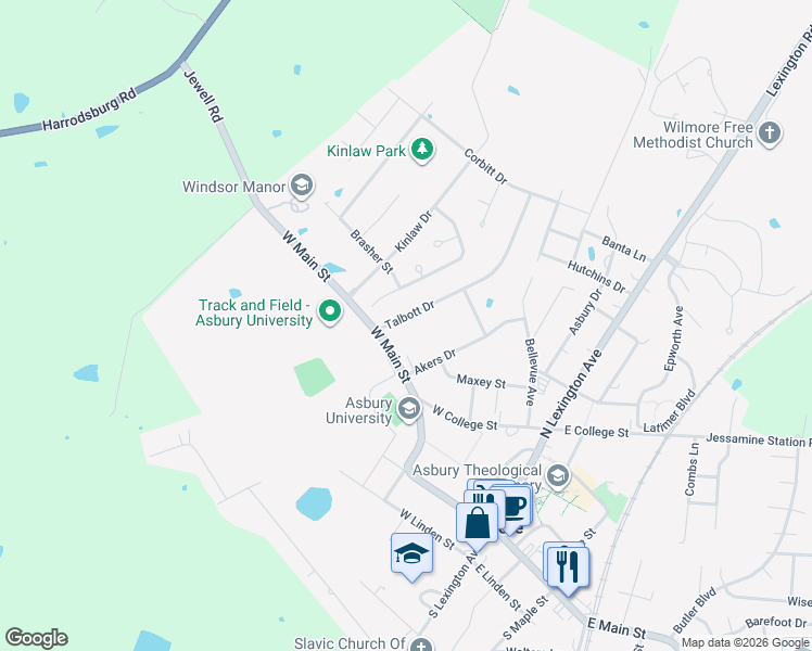 map of restaurants, bars, coffee shops, grocery stores, and more near 404 Talbott Drive in Wilmore
