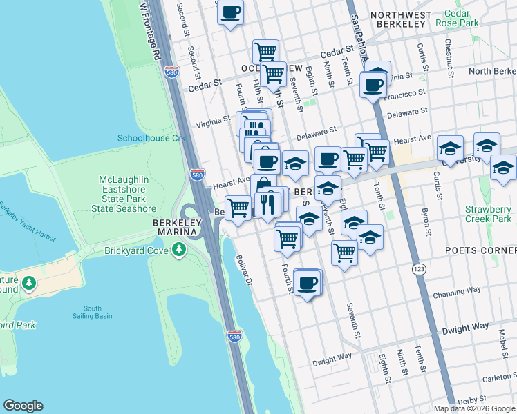 map of restaurants, bars, coffee shops, grocery stores, and more near 700 University Avenue in Berkeley
