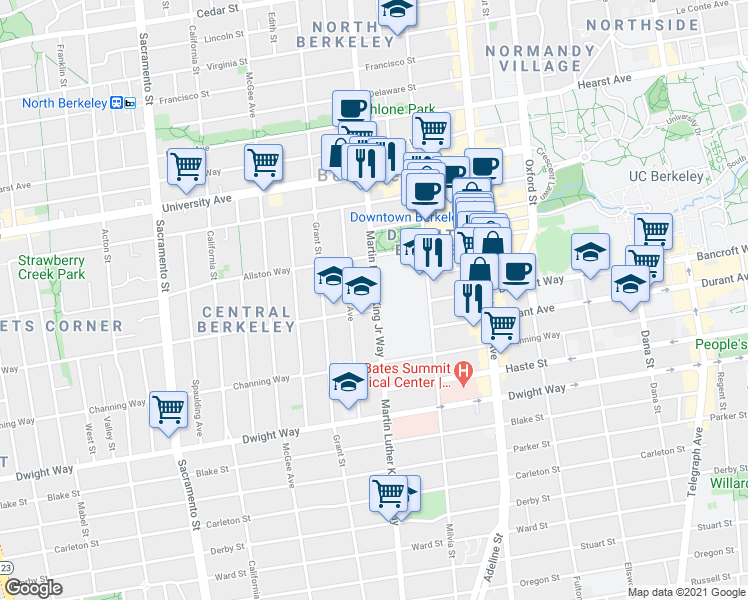 map of restaurants, bars, coffee shops, grocery stores, and more near 2242 Martin Luther King Jr Way in Berkeley
