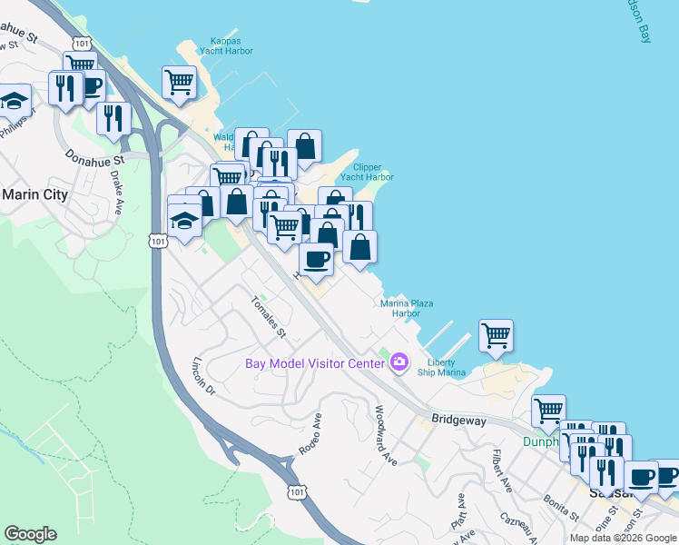map of restaurants, bars, coffee shops, grocery stores, and more near 180 Harbor Drive in Sausalito