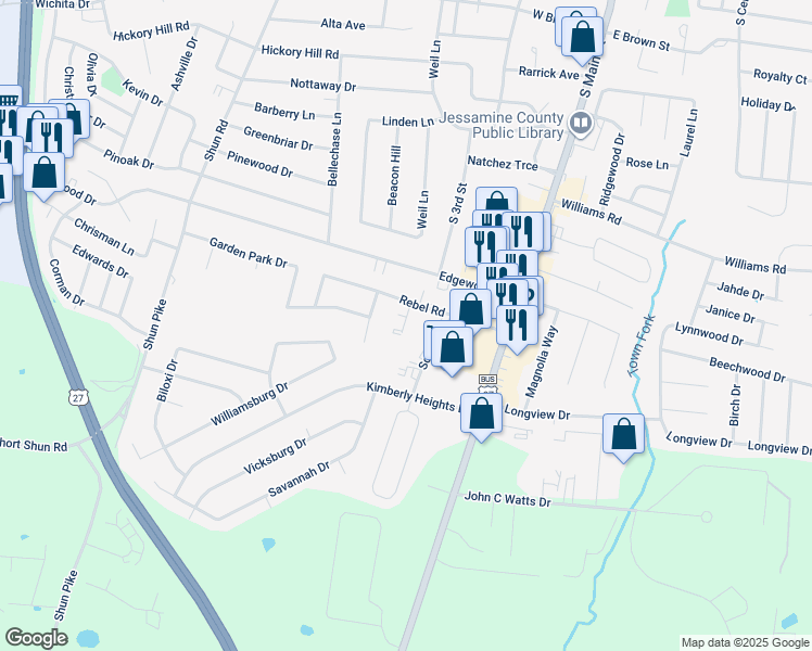map of restaurants, bars, coffee shops, grocery stores, and more near 200 Elmwood Court in Nicholasville