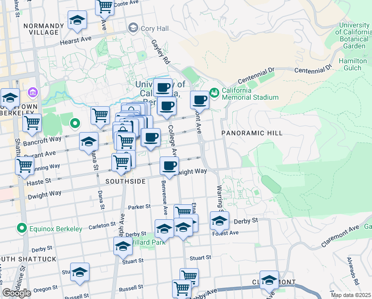 map of restaurants, bars, coffee shops, grocery stores, and more near 2724 Channing Way in Berkeley