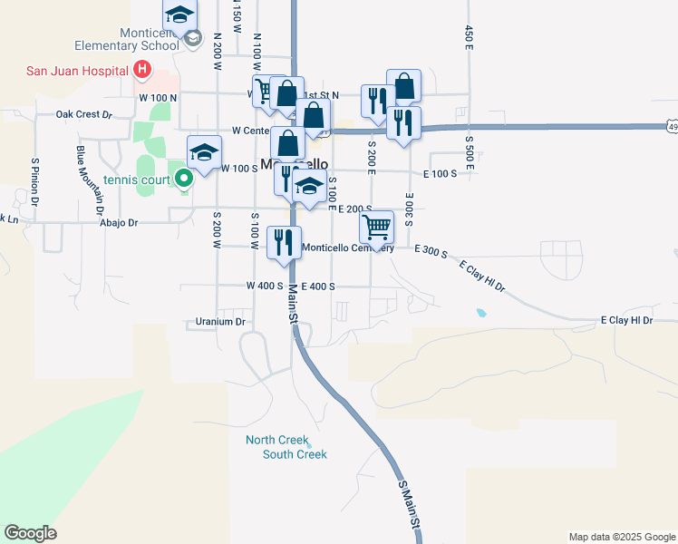 map of restaurants, bars, coffee shops, grocery stores, and more near 365 South 100 East in Monticello