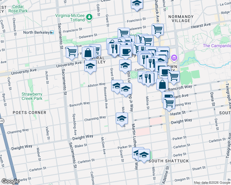 map of restaurants, bars, coffee shops, grocery stores, and more near 2233 Grant Street in Berkeley