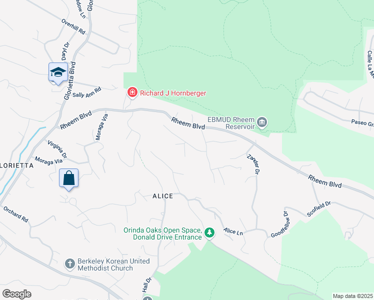 map of restaurants, bars, coffee shops, grocery stores, and more near 9 Greenwood Court in Orinda