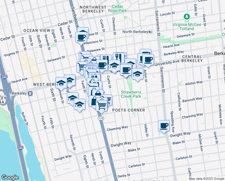 map of restaurants, bars, coffee shops, grocery stores, and more near 2131 Curtis Street in Berkeley