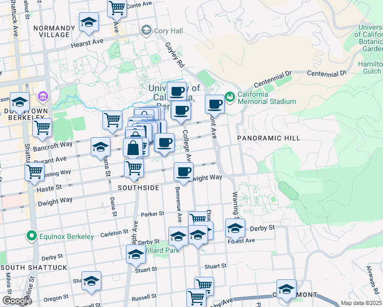 map of restaurants, bars, coffee shops, grocery stores, and more near 2690 Channing Way in Berkeley