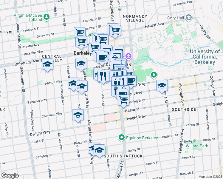 map of restaurants, bars, coffee shops, grocery stores, and more near 2010 Bancroft Way in Berkeley