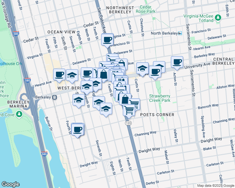 map of restaurants, bars, coffee shops, grocery stores, and more near 2100 San Pablo Avenue in Berkeley