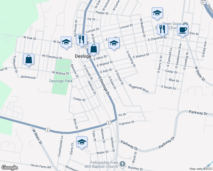 map of restaurants, bars, coffee shops, grocery stores, and more near 200 East Cedar Street in Desloge