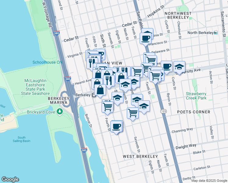map of restaurants, bars, coffee shops, grocery stores, and more near 2014 Sixth Street in Berkeley