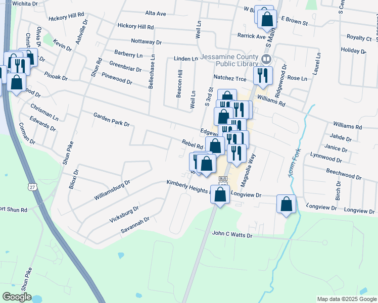map of restaurants, bars, coffee shops, grocery stores, and more near 200 Elmwood Court in Nicholasville