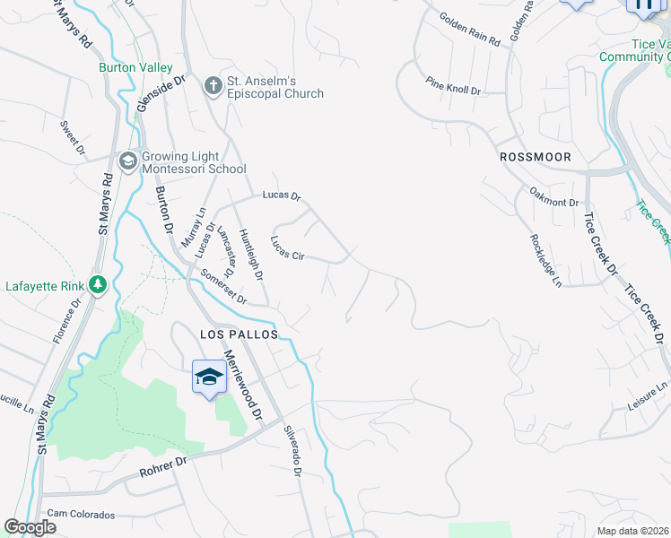 map of restaurants, bars, coffee shops, grocery stores, and more near 3233 Lucas Circle in Lafayette