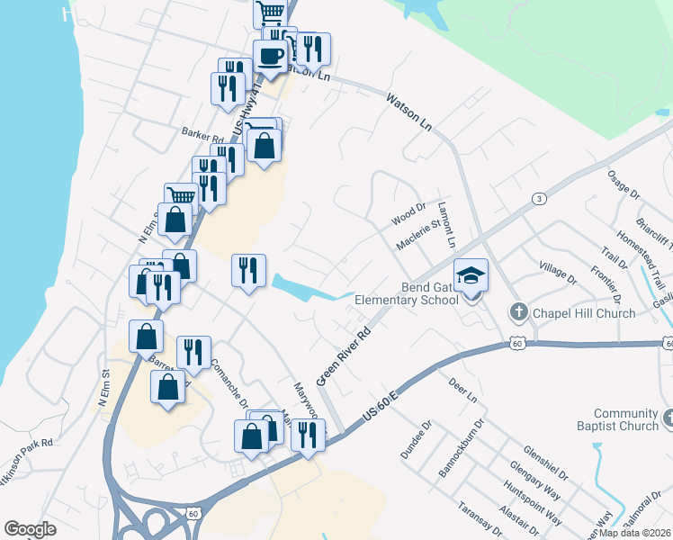 map of restaurants, bars, coffee shops, grocery stores, and more near 2460 Wood Drive in Henderson