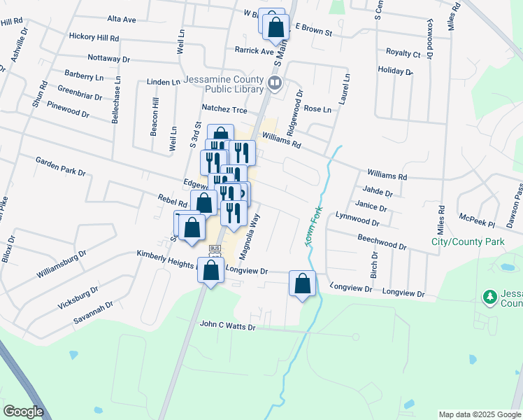 map of restaurants, bars, coffee shops, grocery stores, and more near 100 Magnolia Way in Nicholasville