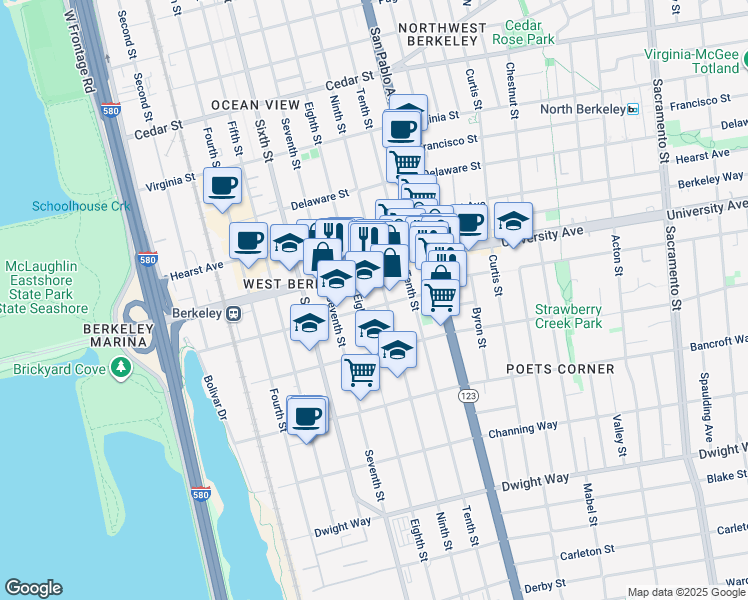 map of restaurants, bars, coffee shops, grocery stores, and more near 2023 Eighth Street in Berkeley
