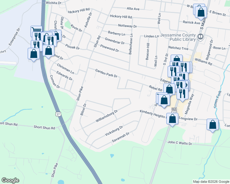map of restaurants, bars, coffee shops, grocery stores, and more near 337 1/2 Garden Park Drive in Nicholasville