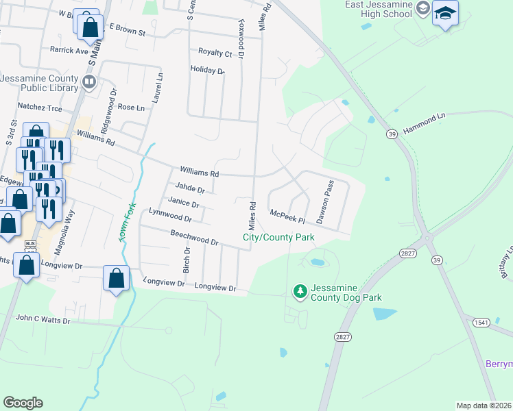 map of restaurants, bars, coffee shops, grocery stores, and more near 724 Miles Road in Nicholasville