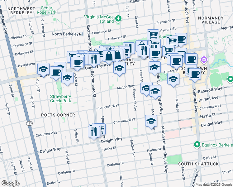 map of restaurants, bars, coffee shops, grocery stores, and more near 2212 Jefferson Avenue in Berkeley