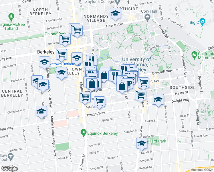 map of restaurants, bars, coffee shops, grocery stores, and more near 2301 Ellsworth Street in Berkeley