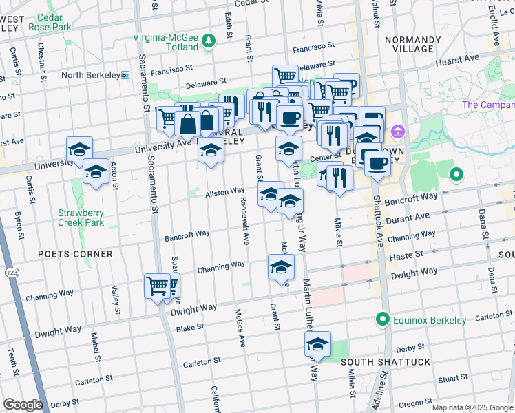 map of restaurants, bars, coffee shops, grocery stores, and more near 2227 Roosevelt Avenue in Berkeley