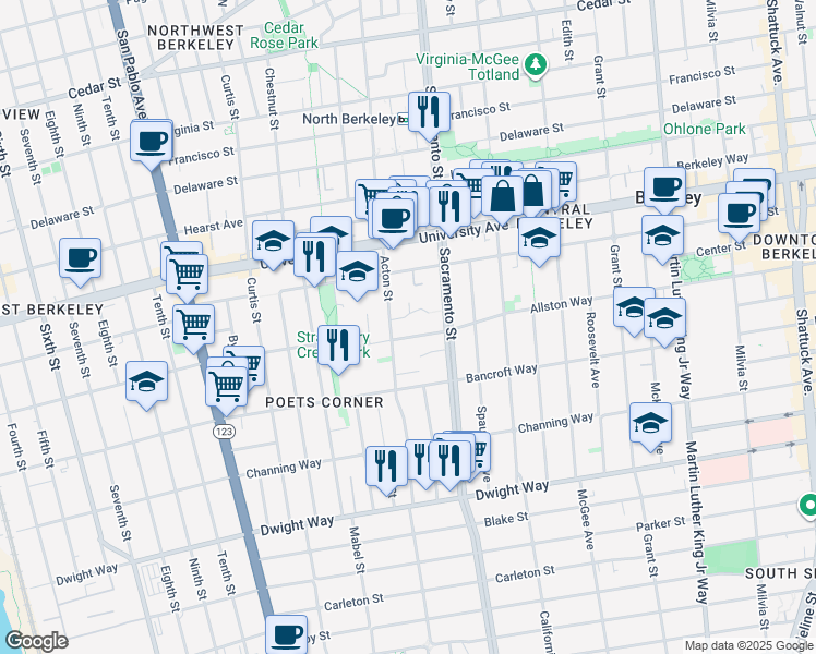 map of restaurants, bars, coffee shops, grocery stores, and more near 1419 Allston Way in Berkeley