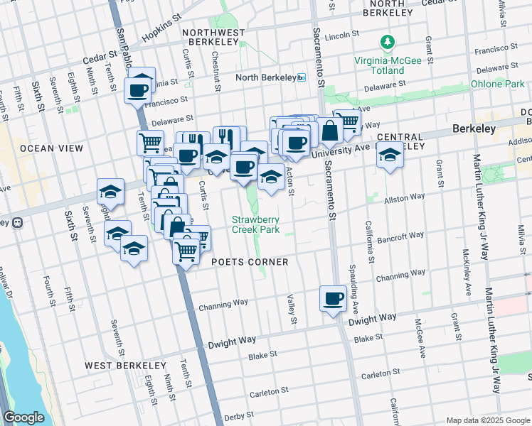 map of restaurants, bars, coffee shops, grocery stores, and more near 1309 Allston Way in Berkeley