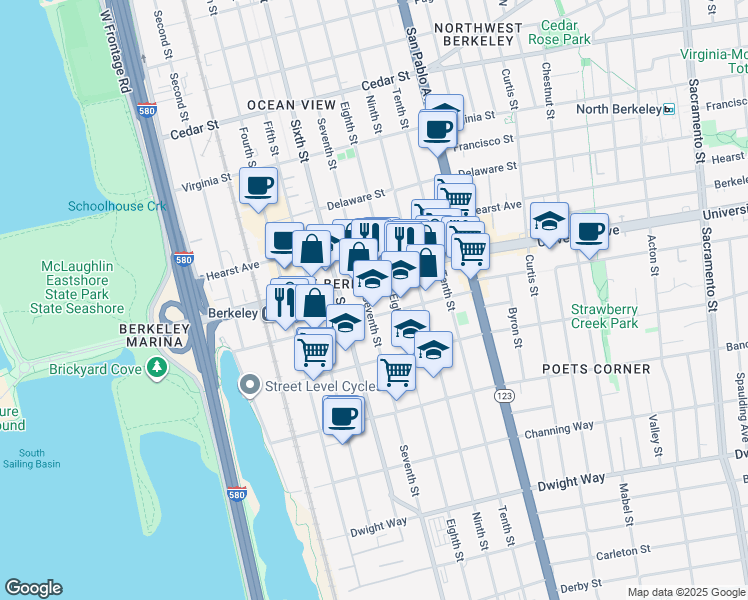 map of restaurants, bars, coffee shops, grocery stores, and more near 2016 Seventh Street in Berkeley