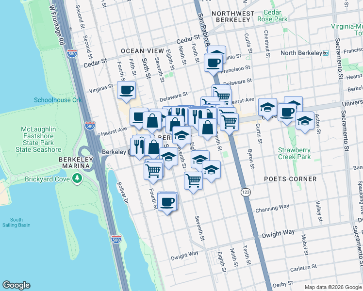 map of restaurants, bars, coffee shops, grocery stores, and more near 2028 Seventh Street in Berkeley