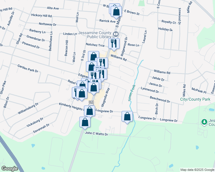 map of restaurants, bars, coffee shops, grocery stores, and more near 100 Magnolia Way in Nicholasville