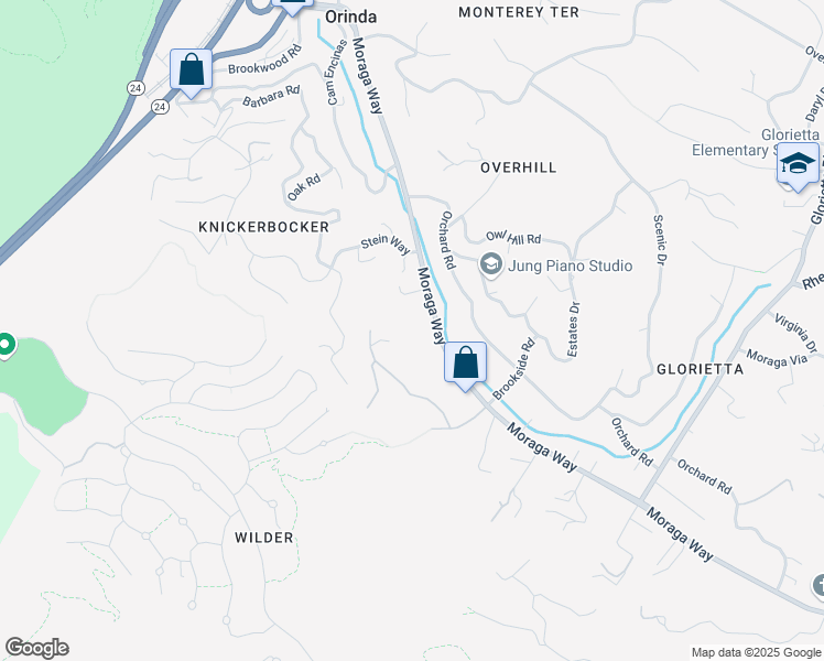 map of restaurants, bars, coffee shops, grocery stores, and more near 172 Moraga Way in Orinda