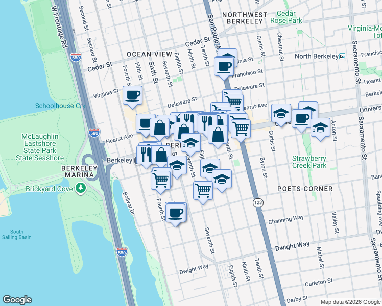 map of restaurants, bars, coffee shops, grocery stores, and more near 2016 Seventh Street in Berkeley
