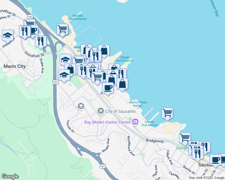 map of restaurants, bars, coffee shops, grocery stores, and more near 180 Harbor Drive in Sausalito