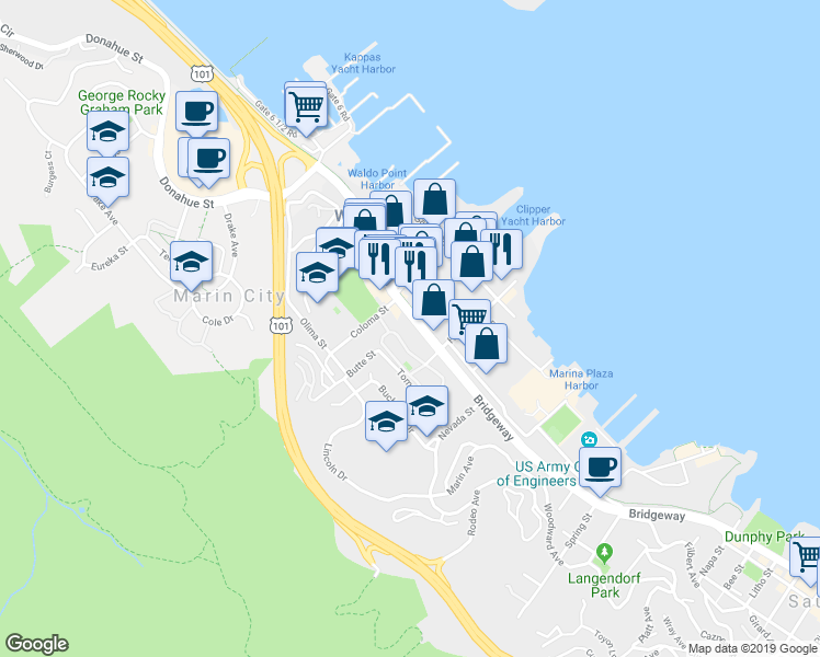 map of restaurants, bars, coffee shops, grocery stores, and more near 74 Cypress Place in Sausalito