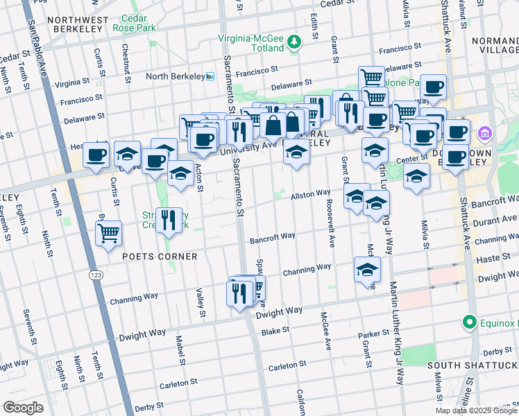 map of restaurants, bars, coffee shops, grocery stores, and more near 2201 Spaulding Avenue in Berkeley