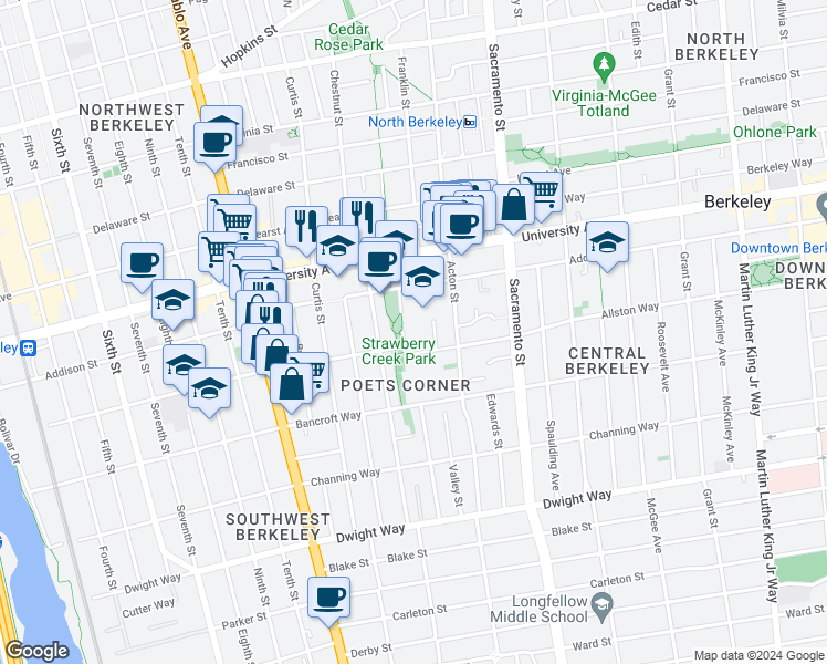map of restaurants, bars, coffee shops, grocery stores, and more near 1309 Allston Way in Berkeley
