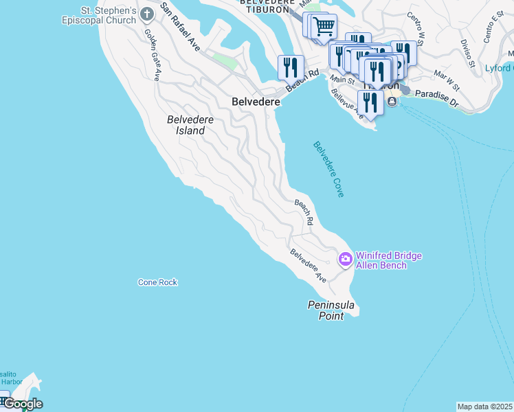 map of restaurants, bars, coffee shops, grocery stores, and more near 275 Golden Gate Avenue in Belvedere
