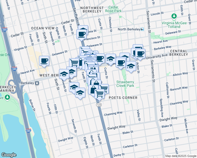 map of restaurants, bars, coffee shops, grocery stores, and more near 1117 Cowper Street in Berkeley