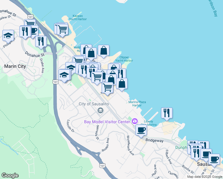 map of restaurants, bars, coffee shops, grocery stores, and more near 180 Harbor Drive in Sausalito