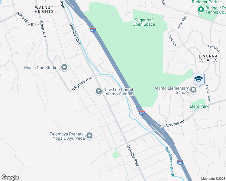 map of restaurants, bars, coffee shops, grocery stores, and more near 1448 Sunnybrook Road in Alamo