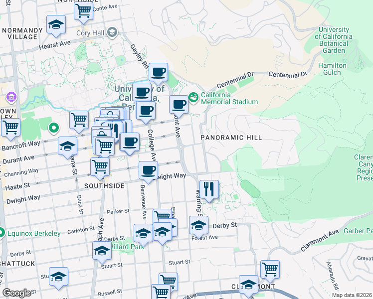 map of restaurants, bars, coffee shops, grocery stores, and more near 2401 Piedmont Avenue in Berkeley