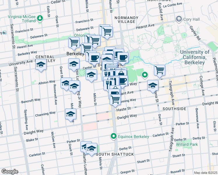 map of restaurants, bars, coffee shops, grocery stores, and more near 2098 Bancroft Way in Berkeley