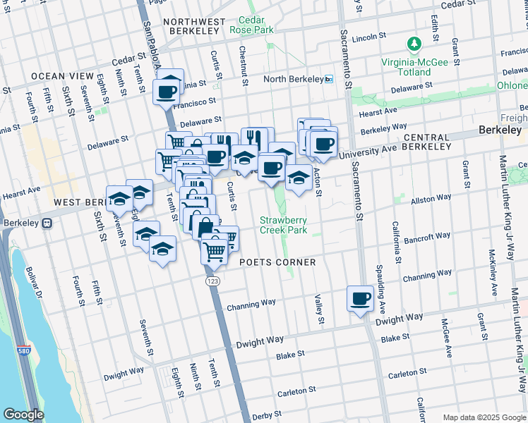 map of restaurants, bars, coffee shops, grocery stores, and more near 2128 Bonar Street in Berkeley