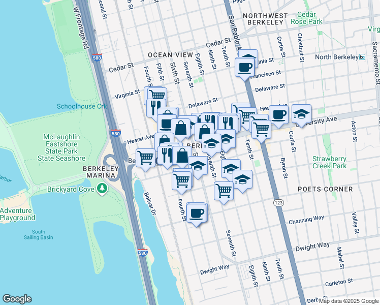 map of restaurants, bars, coffee shops, grocery stores, and more near 2014 Sixth Street in Berkeley