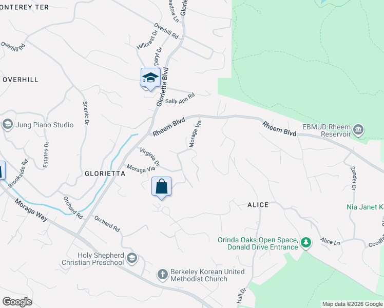 map of restaurants, bars, coffee shops, grocery stores, and more near 2 Rustic Way in Orinda